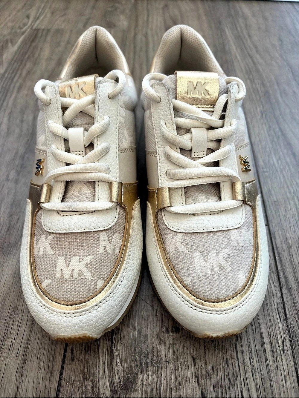 Michael Kors Raina Cream & Gold MK Monogram Sneakers – Size 7.5